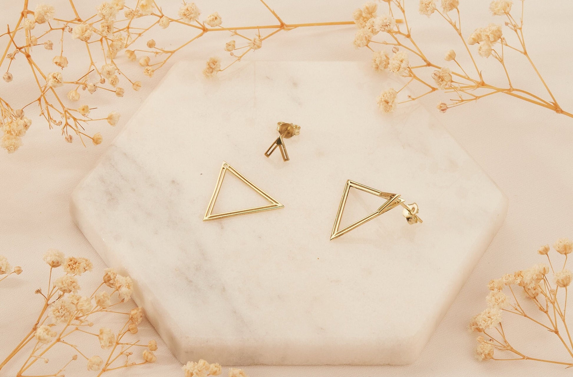 14K Gold Ear Jacket Earrings, Triangle Earring, Dainty Double Geometric Earrings, Special Design Earrings by NeckaceDreamWorld in Silver - silvergoldandrose