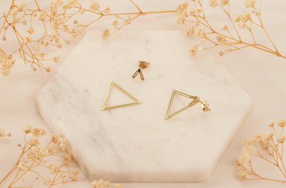 14K Gold Ear Jacket Earrings, Triangle Earring, Dainty Double Geometric Earrings, Special Design Earrings by NeckaceDreamWorld in Silver - silvergoldandrose