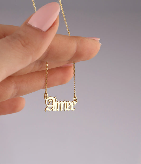 14k Solid Gold Name Necklace • Personalized Name Necklace Gold • Old English Name Necklace 14K • Gothic Name Necklace Gold 14k • Gold Gift - silvergoldandrose