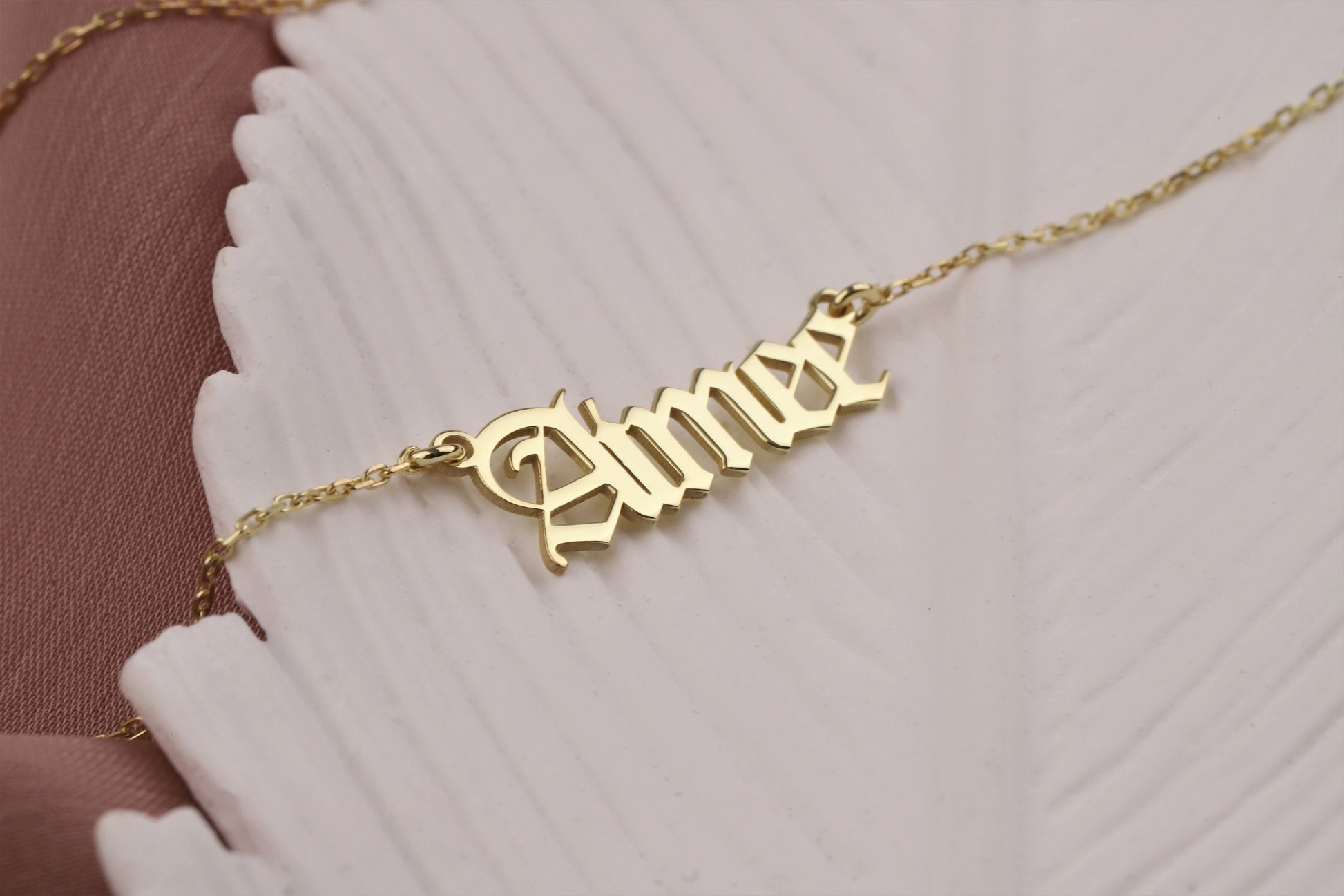 14k Solid Gold Name Necklace • Personalized Name Necklace Gold • Old English Name Necklace 14K • Gothic Name Necklace Gold 14k • Gold Gift - silvergoldandrose