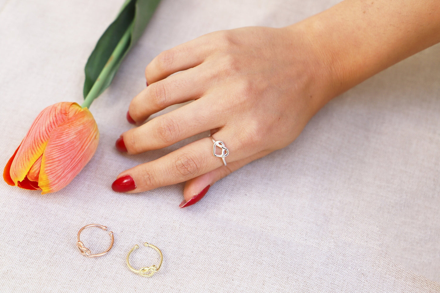 Adjustable Gold Heart Knot Ring in Sterling Silver, Gold and Rose Gold, Dainty Knot Rings - silvergoldandrose
