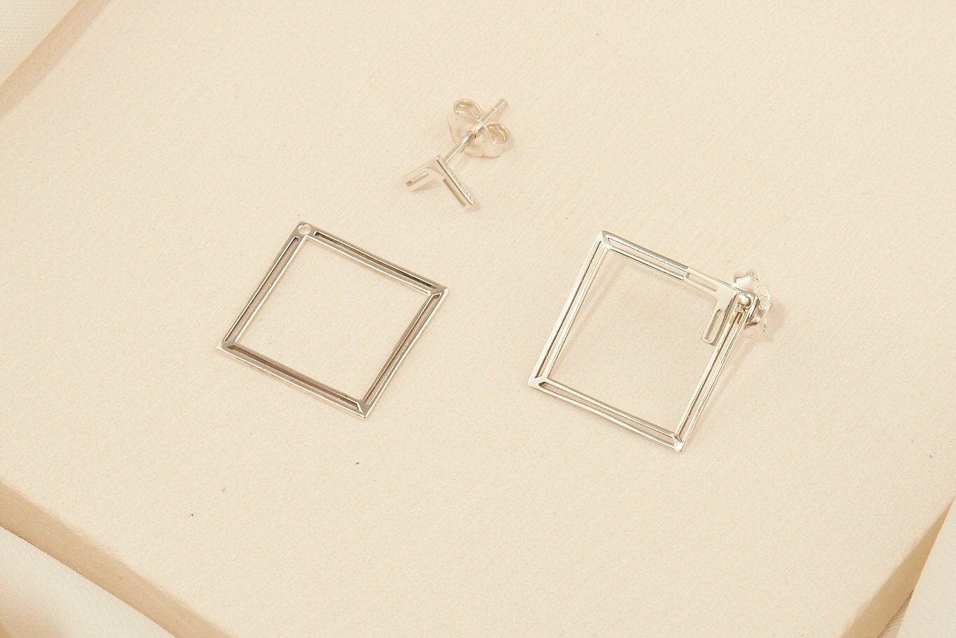 Handmade Ear Jacket Earrings, Square Earring, Double Geometric Earrings, Modern Jewelry Gifts for Women in Rose Gold, Sterling Silver, Gold - silvergoldandrose