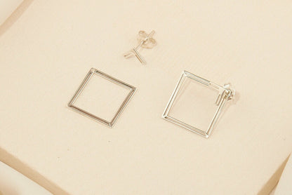 Handmade Ear Jacket Earrings, Square Earring, Double Geometric Earrings, Modern Jewelry Gifts for Women in Rose Gold, Sterling Silver, Gold - silvergoldandrose