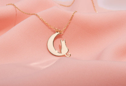 Moonlit Whiskers Sterling Silver Cat on Moon Necklace - Enchanting Celestial Jewelry Gift