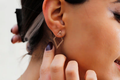 14K Rose Gold Ear Jacket Rhombus Earrings, Geometric Earring, Dainty Pair Earrings, Special Design Earrings by NeckaceDreamWorld - silvergoldandrose