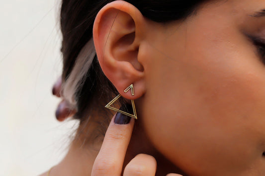 14K Gold Ear Jacket Earrings, Triangle Earring, Dainty Double Geometric Earrings, Special Design Earrings by NeckaceDreamWorld in Silver - silvergoldandrose