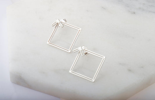 Handmade Ear Jacket Earrings, Square Earring, Double Geometric Earrings, Modern Jewelry Gifts for Women in Rose Gold, Sterling Silver, Gold - silvergoldandrose