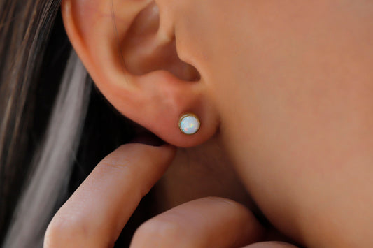 Delicate Real White Opal Stud Earrings by NecklaceDreamWorld, High Quality Waterproof Jewelry, 14K Gold Perfect Unique Birthday Gifts - silvergoldandrose