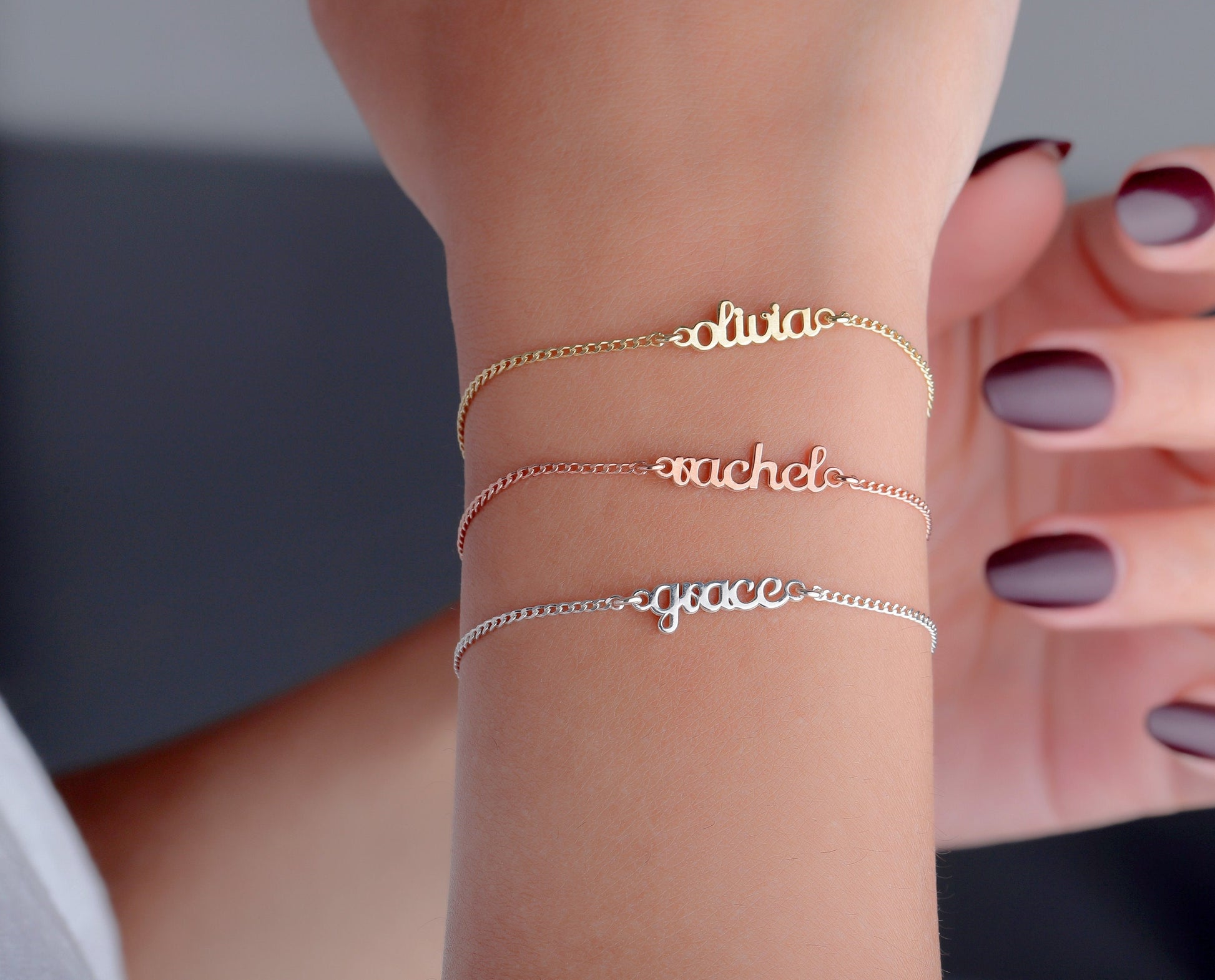 Layering Name Bracelet with Dainty Curb Chain, Personalized Initial Bracelet, Perfect Birthday Gift in Sterling Silver by NecklaceDreamWorld - silvergoldandrose