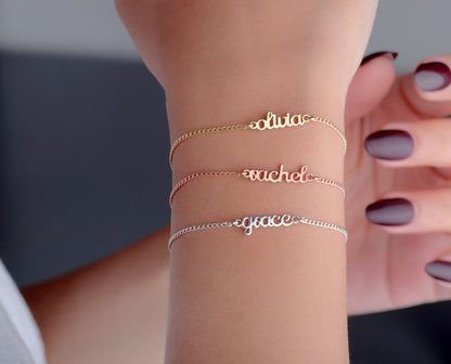 Layering Name Bracelet with Dainty Curb Chain, Personalized Initial Bracelet, Perfect Birthday Gift in Sterling Silver by NecklaceDreamWorld - silvergoldandrose
