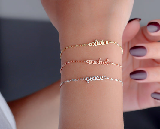 Layering Name Bracelet with Dainty Curb Chain, Personalized Initial Bracelet, Perfect Birthday Gift in Sterling Silver by NecklaceDreamWorld - silvergoldandrose