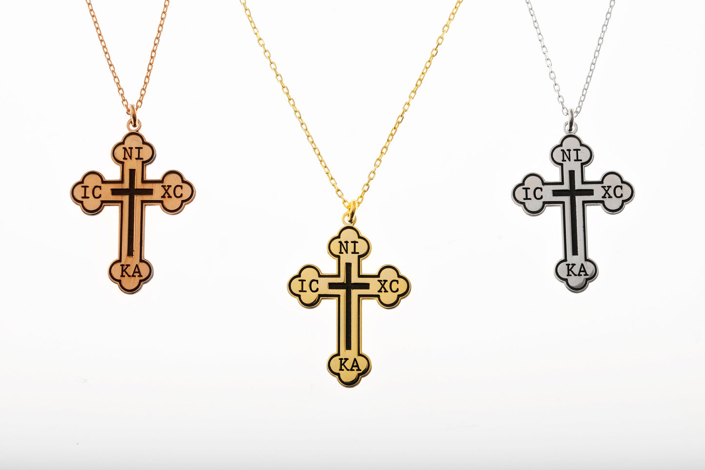 Christian Eastern Orthodox Cross Necklace, Charm IC XC NIKA Religious Jewelry by NecklaceDreamWorld in 14K Gold, Sterling Silver and Rose - silvergoldandrose