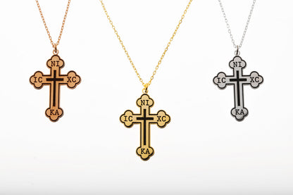Christian Eastern Orthodox Cross Necklace, Charm IC XC NIKA Religious Jewelry by NecklaceDreamWorld in 14K Gold, Sterling Silver and Rose - silvergoldandrose