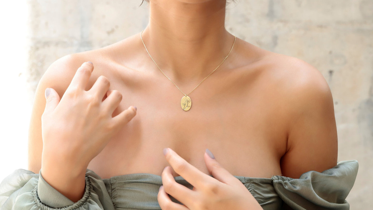 Birth Flower Necklace Silver  | Minimalist Flower Necklace | Actual Handwriting Engraved | Floral Necklaces for Women