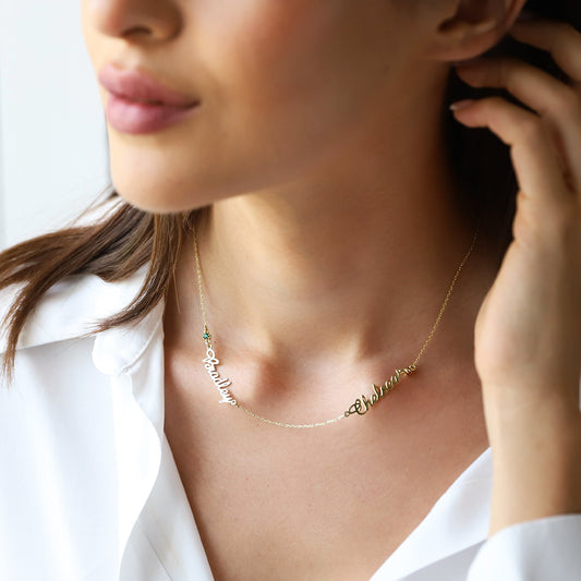Personalized Mini Two Name Necklace in 14K Gold, 925 Stelring Silver and Rose Gold Filled • Jewelry with Diamonds, Birthstones and Gemstones - silvergoldandrose