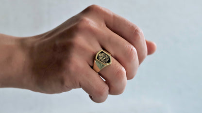 Hand wearing a gold ring with a black stone on a light gray background
