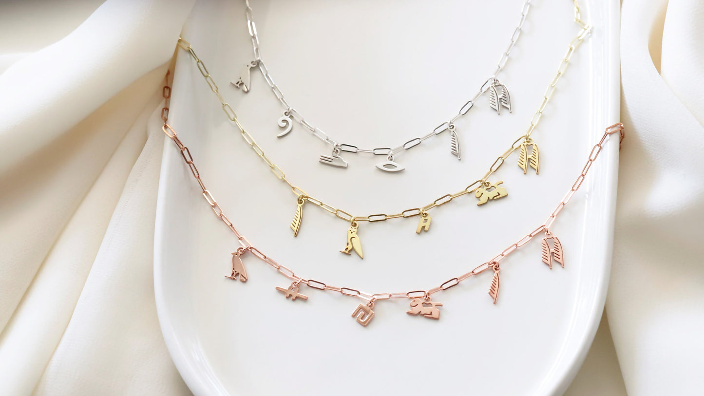 14K Gold Personalized Hieroglyphics Necklace with Dainty Waterproof Link Chain by NecklaceDreamWorld, Delicate Summer Jewelry Gifts - silvergoldandrose