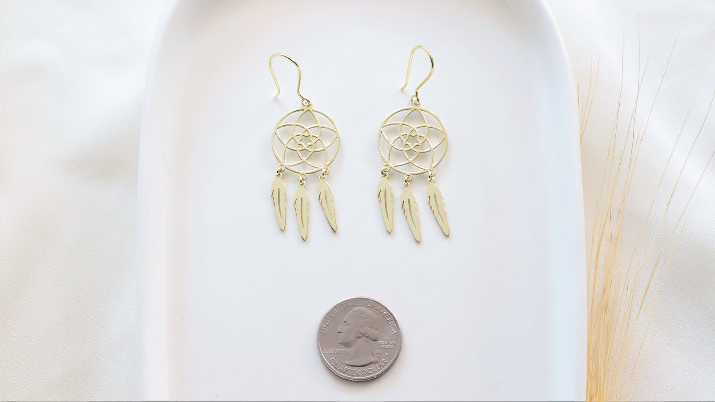 Dreamcatcher Good Dreams Earrings 14K Gold by NecklaceDreamWorld, Dangle Style Summer Everyday Jewelry, Wedding Jewelry - silvergoldandrose
