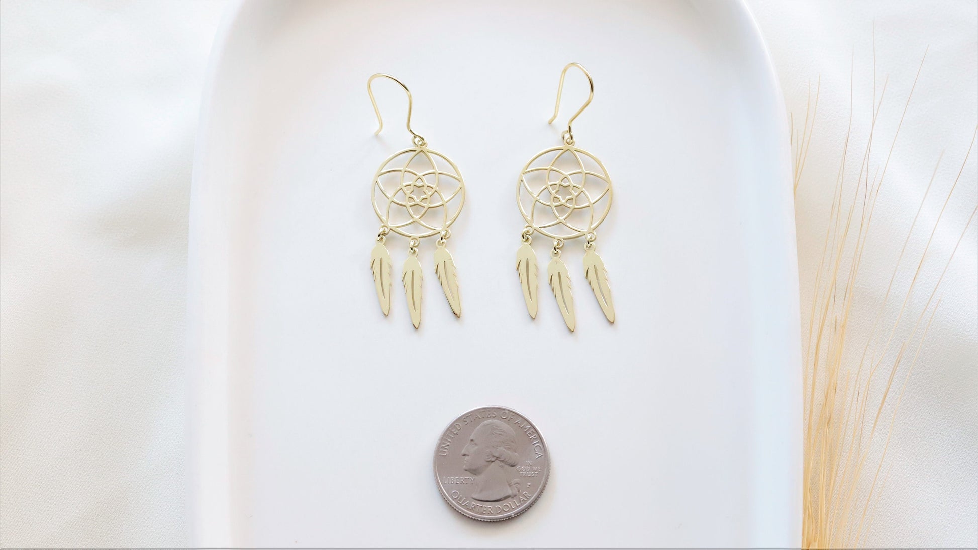Dreamcatcher Good Dreams Earrings 14K Gold by NecklaceDreamWorld, Dangle Style Summer Everyday Jewelry, Wedding Jewelry - silvergoldandrose