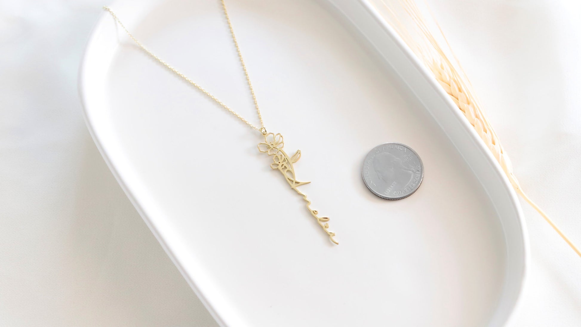 Custom Dainty Birth Flower Name Gold Necklace • Personalized Vertical Name Necklace • High Quality Gifts for Her by NecklaceDreamWorld - silvergoldandrose
