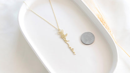Custom Dainty Birth Flower Name Gold Necklace • Personalized Vertical Name Necklace • High Quality Gifts for Her by silvergoldandrose
