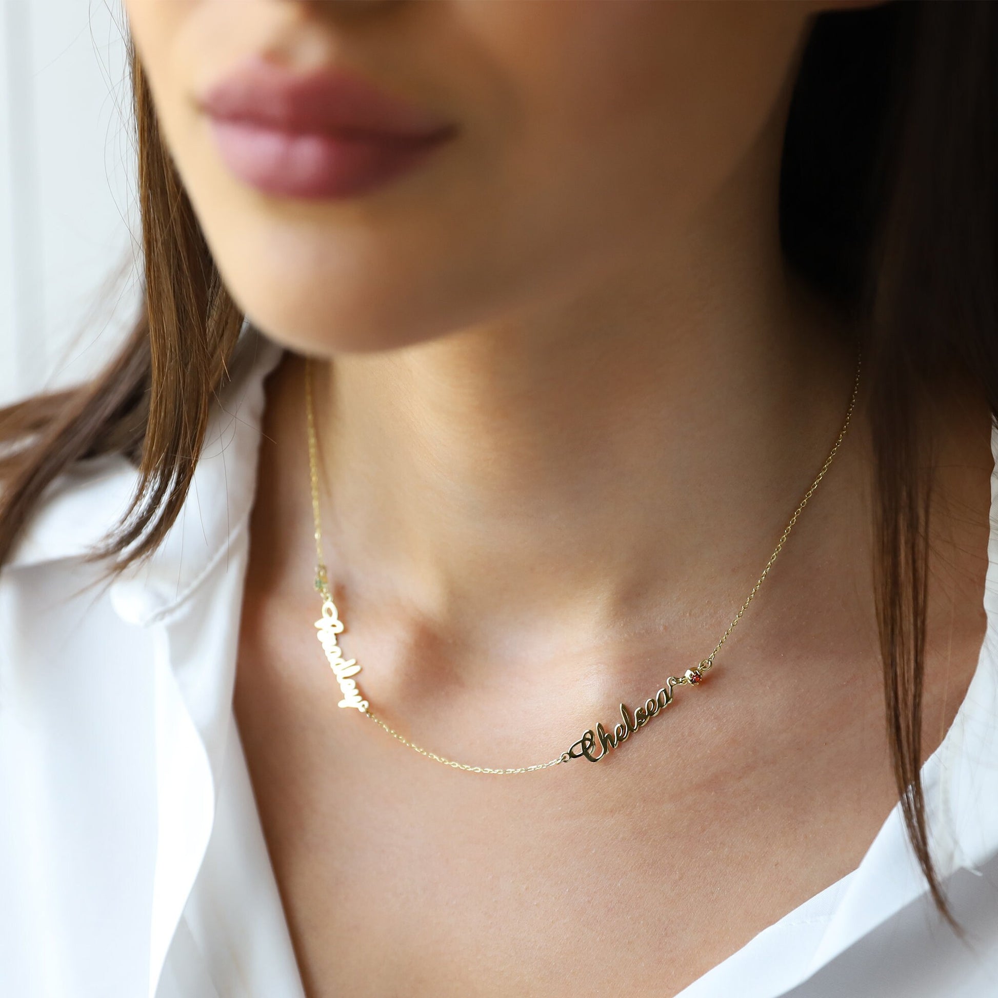 Personalized Mini Two Name Necklace in 14K Gold, 925 Stelring Silver and Rose Gold Filled • Jewelry with Diamonds, Birthstones and Gemstones - silvergoldandrose
