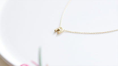 A close-up image of a a gold-filled balloon necklace with a single letter 'H' pendant.