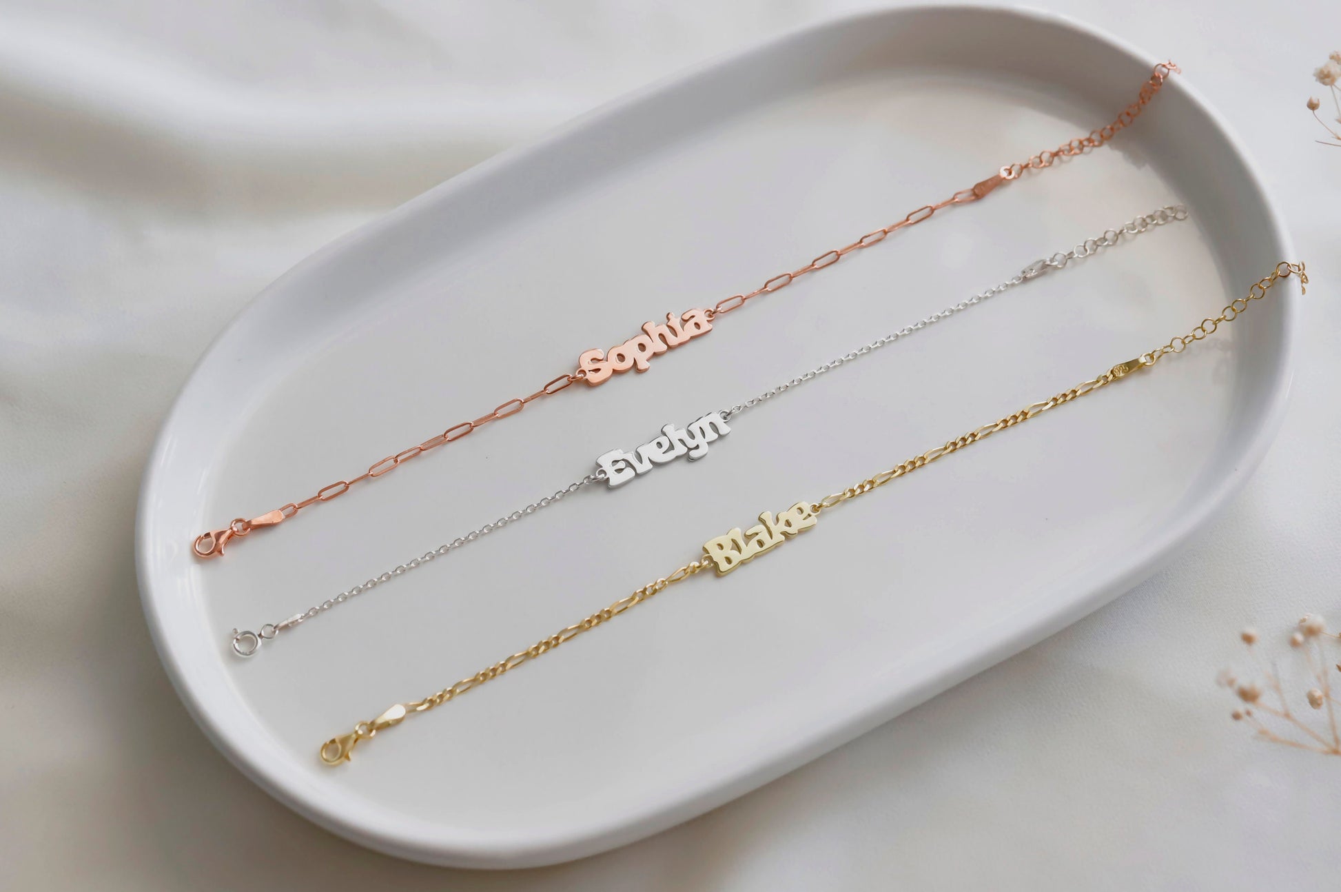 18K Rose Gold Personalized Name Bracelet with Link Chain and add-on Birthstone by NecklaceDreamWorld, Small Paper Clip Chain Letter Bracelet - silvergoldandrose