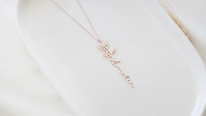 Custom Dainty Birth Flower Name Gold Necklace • Personalized Vertical Name Necklace • High Quality Gifts for Her bsilvergoldandrose