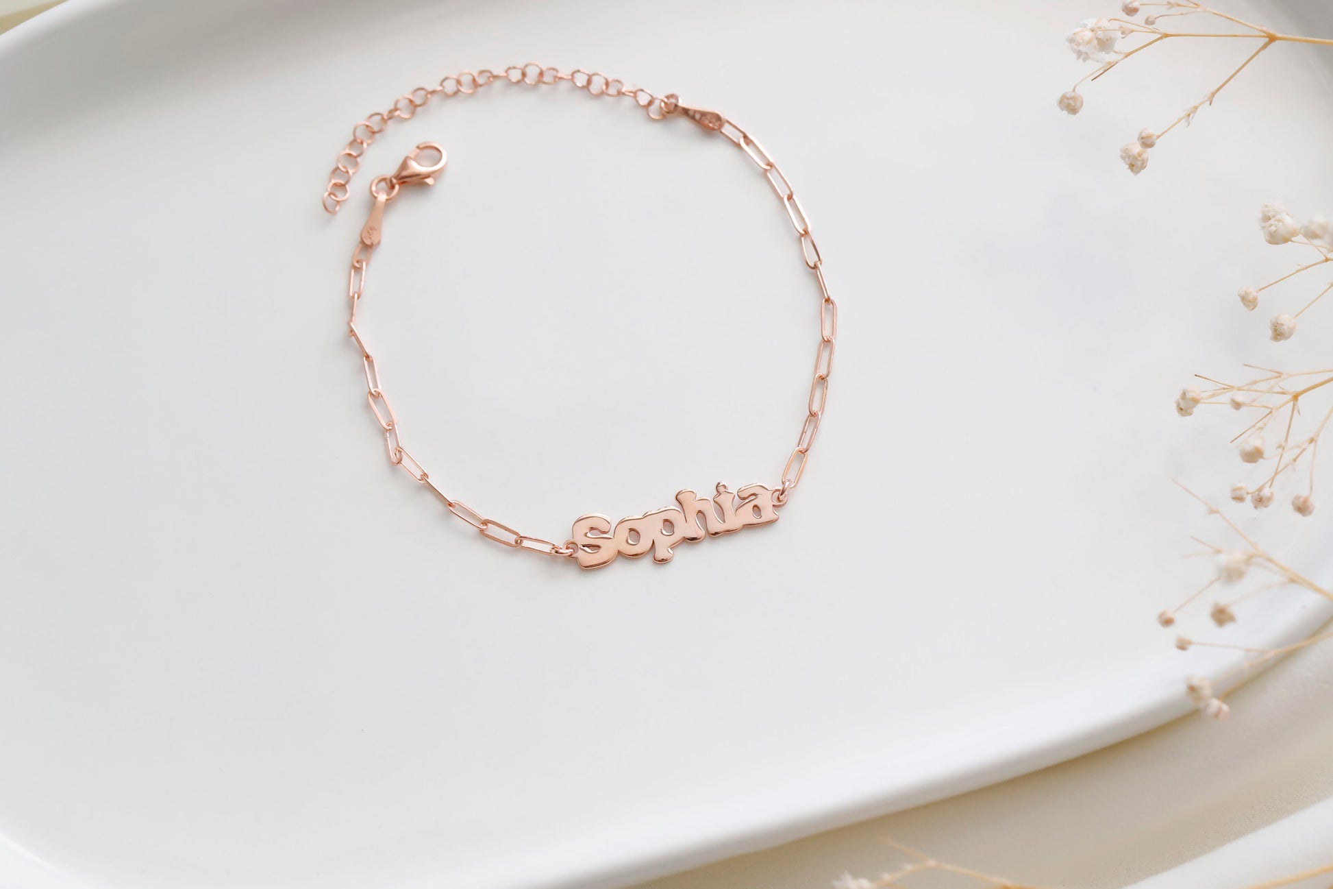 18K Rose Gold Personalized Name Bracelet with Link Chain and add-on Birthstone by NecklaceDreamWorld, Small Paper Clip Chain Letter Bracelet - silvergoldandrose