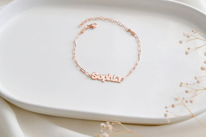 18K Rose Gold Personalized Name Bracelet with Link Chain and add-on Birthstone by NecklaceDreamWorld, Small Paper Clip Chain Letter Bracelet - silvergoldandrose