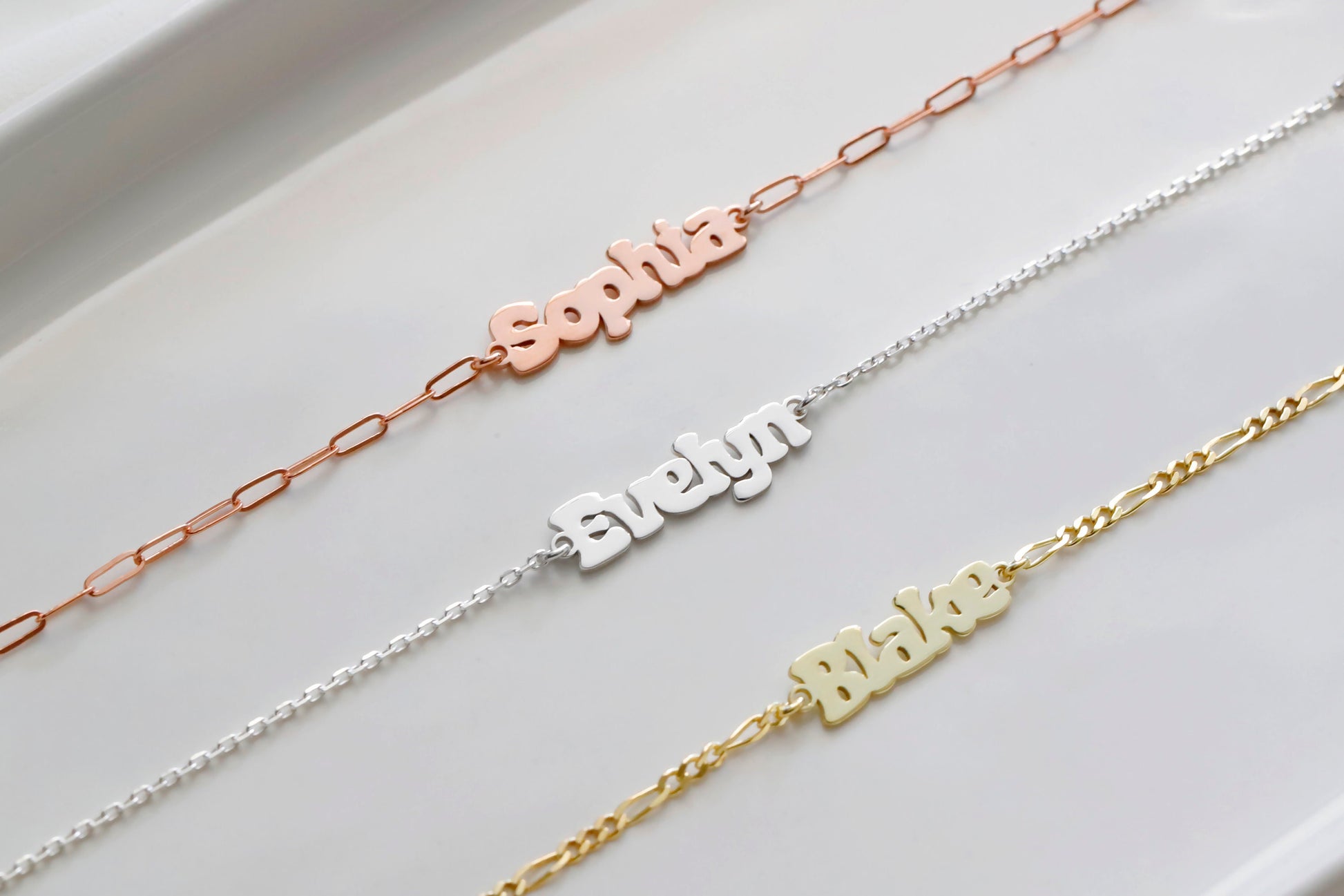 18K Rose Gold Personalized Name Bracelet with Link Chain and add-on Birthstone by NecklaceDreamWorld, Small Paper Clip Chain Letter Bracelet - silvergoldandrose