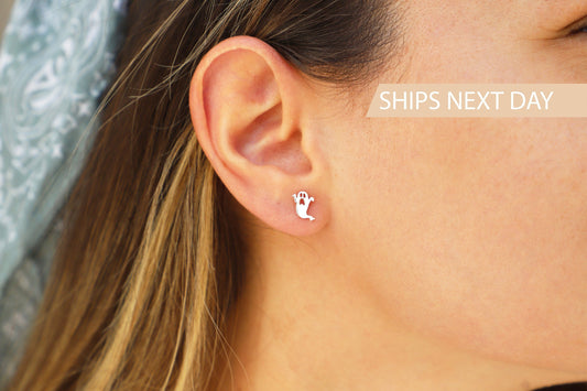 Halloween Gift Cute Ghost Stud Earrings | Spooky Season 14K Gold Filled, Rose Gold Filled and Sterling Silver Earrings by NecklaceDreamWorld - silvergoldandrose