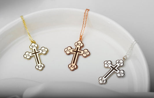 Christian Eastern Orthodox Cross Necklace, Charm IC XC NIKA Religious Jewelry by NecklaceDreamWorld in 14K Gold, Sterling Silver and Rose - silvergoldandrose