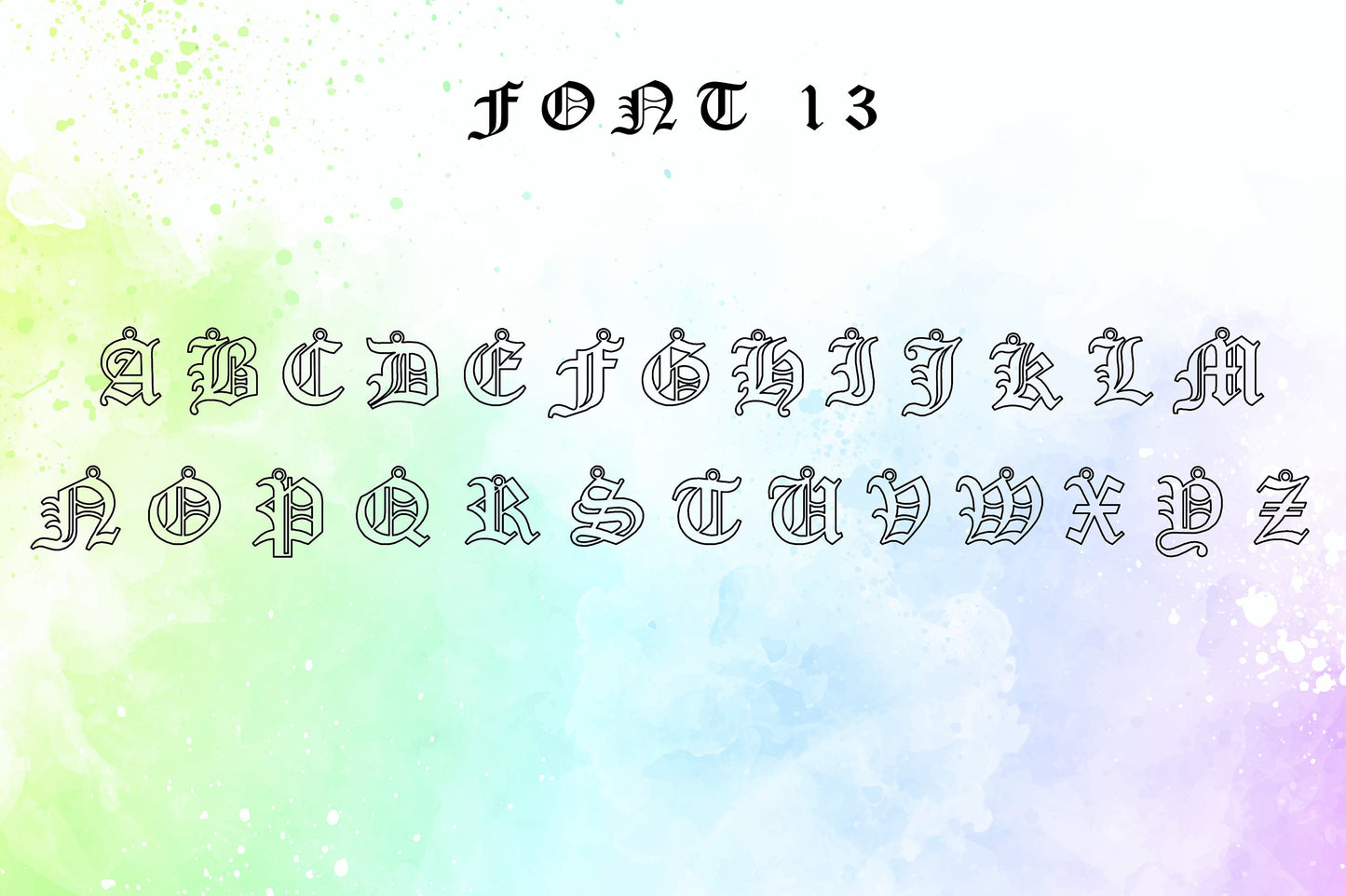 A font chart showing all 26 letters of the English alphabet in a Gothic-style font. A product by SilverGoldandRose.com.