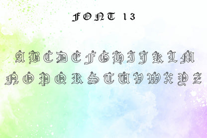 A font chart showing all 26 letters of the English alphabet in a Gothic-style font. A product by SilverGoldandRose.com.