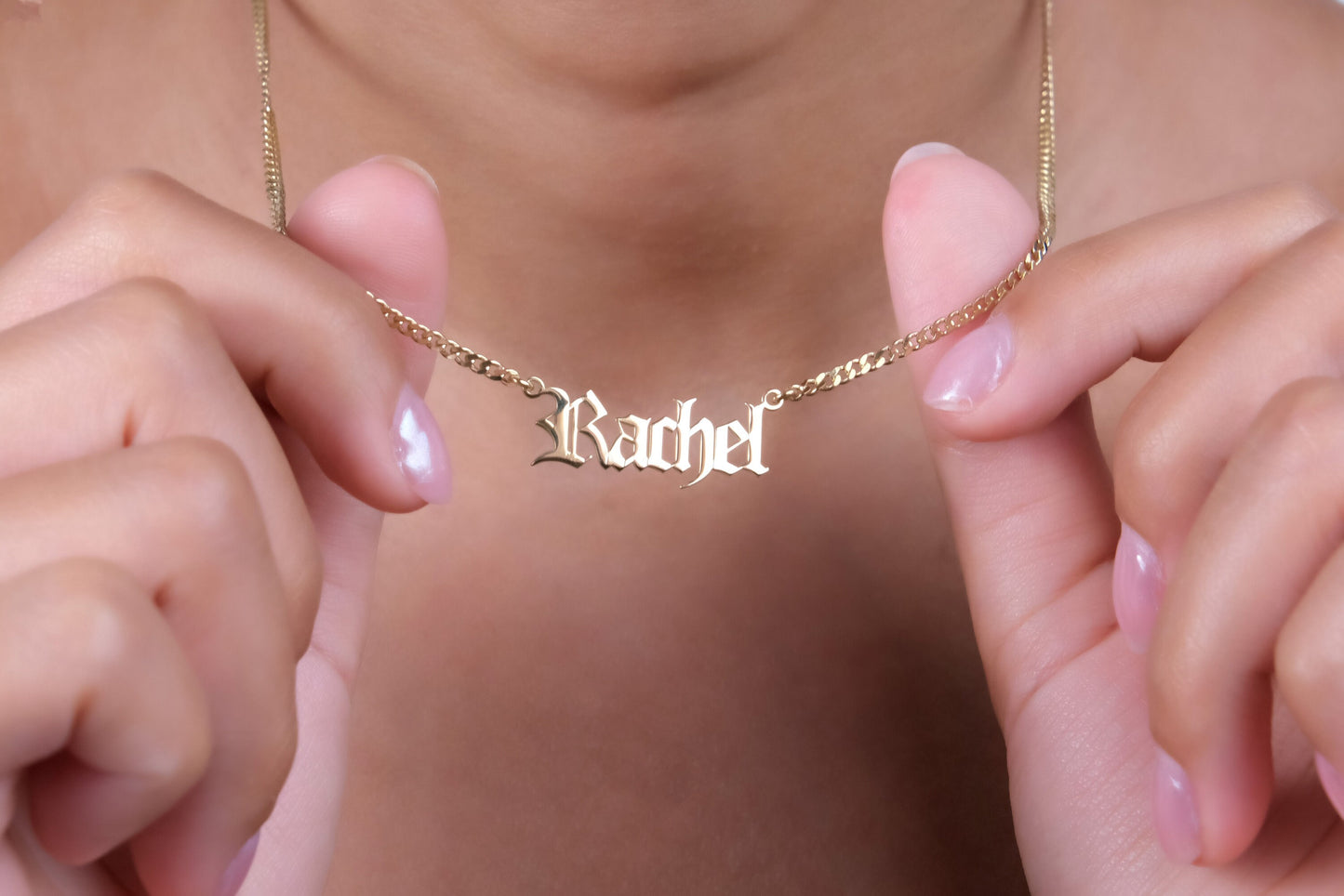 Gothic Name Necklace with Curb Chain • 14K Gold Filled Old English Name Necklace • Unique Necklace Jewelry Gifts