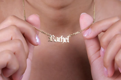 Gothic Old English Name Necklace with Curb Chain in 925 Sterling Silver
