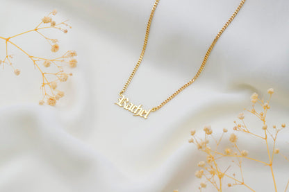 Gothic Old English Name Necklace with Curb Chain in 925 Sterling Silver