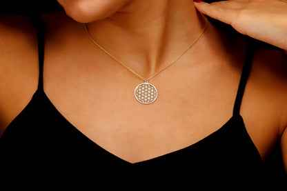 Necklace with a circular pendant worn by a person