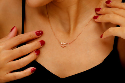 A close-up image of a person wearing a black tank top showcasing a rose gold Star of David necklace.