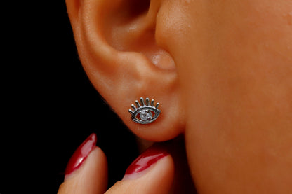 14K Gold Evil Eye Stud Earrings with Diamond | Tiny Good Luck Everyday Earrings | Dainty Evil Eye Protection Jewelry - silvergoldandrose