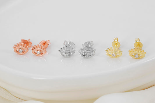 14K Gold Evil Eye Stud Earrings with Diamond | Tiny Good Luck Everyday Earrings | Dainty Evil Eye Protection Jewelry - silvergoldandrose
