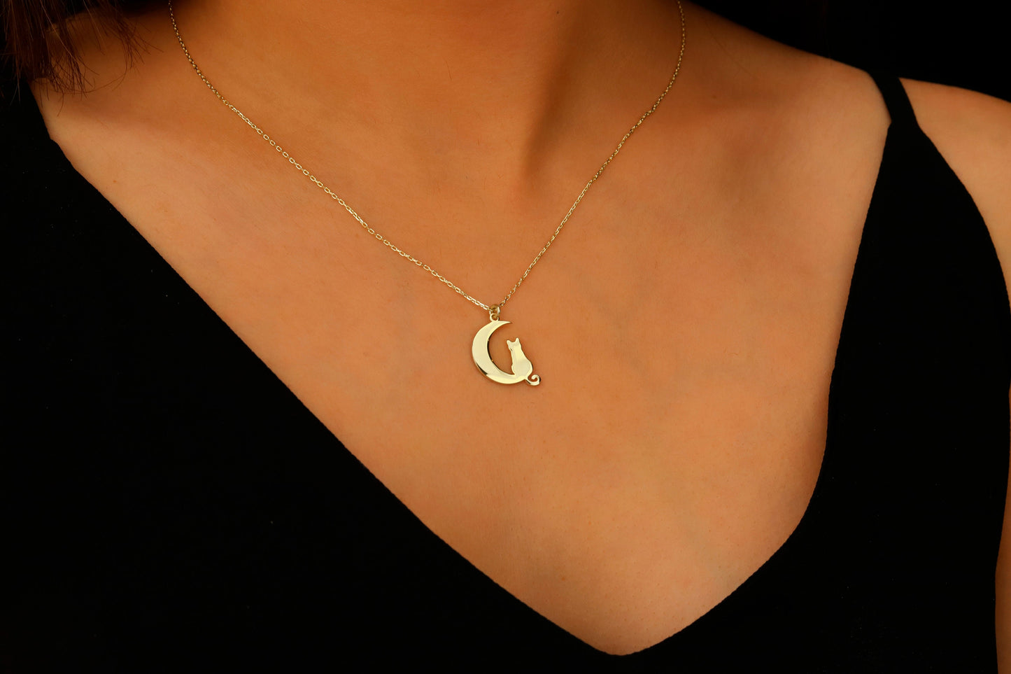 Moonlit Whiskers Sterling Silver Cat on Moon Necklace - Enchanting Celestial Jewelry Gift