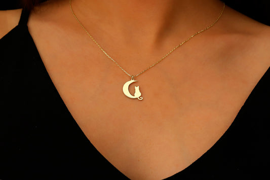 Moonlit Whiskers Sterling Silver Cat on Moon Necklace - Enchanting Celestial Jewelry Gift