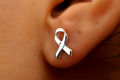 Tiny Ribbon Stud Earrings for Breast Cancer Awareness in Sterling Silver, 14K Gold, and Rose Gold • Gift for Cancer Survivor Powerful Women - silvergoldandrose