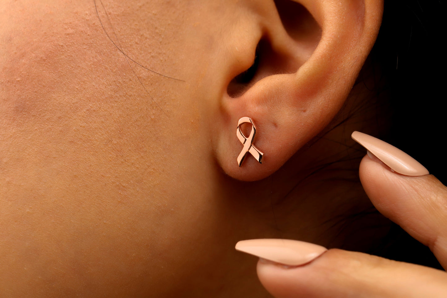 Tiny Ribbon Stud Earrings for Breast Cancer Awareness in Sterling Silver, 14K Gold, and Rose Gold • Gift for Cancer Survivor Powerful Women - silvergoldandrose