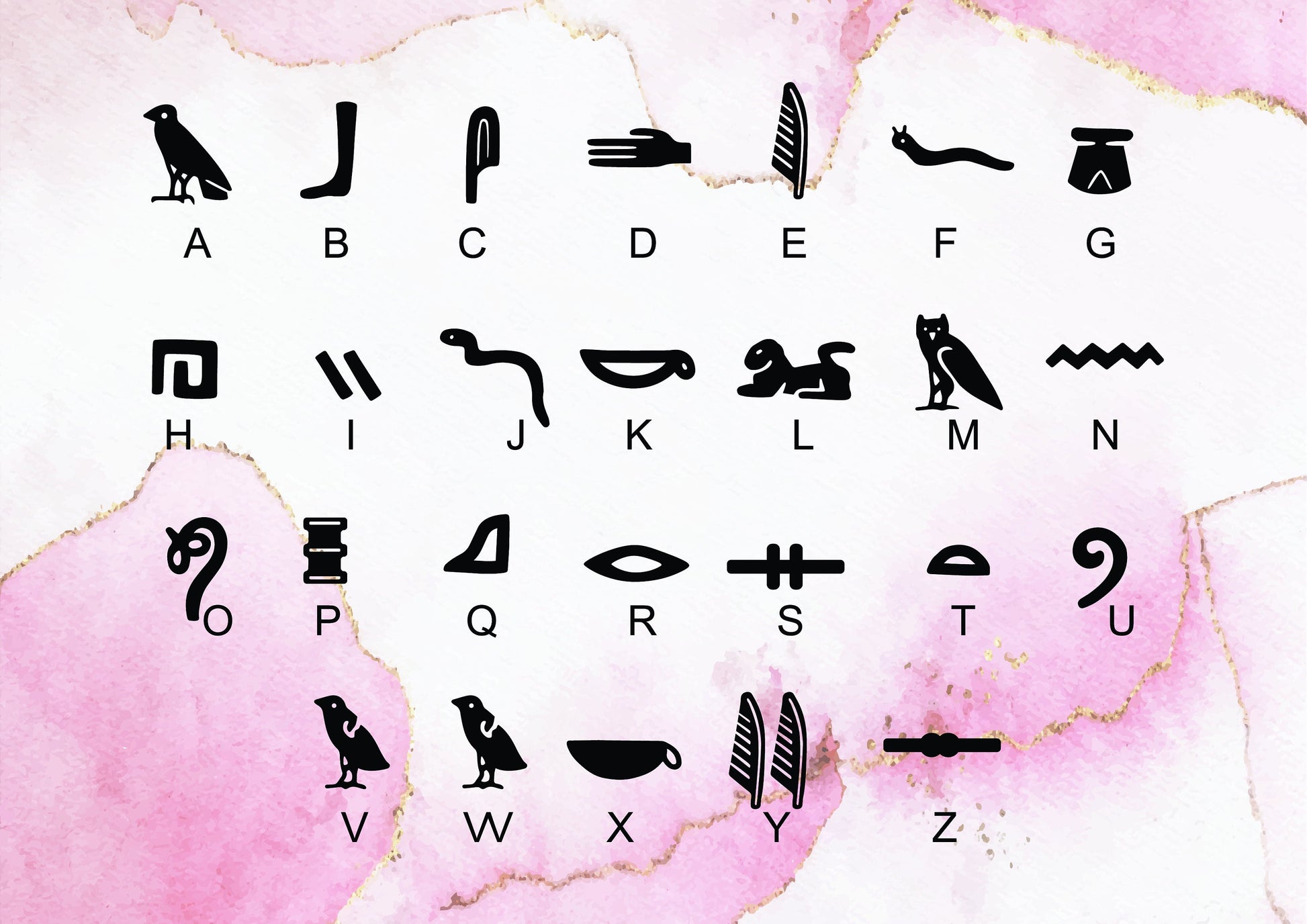 Alphabetical symbols from A to U on a pink watercolor background