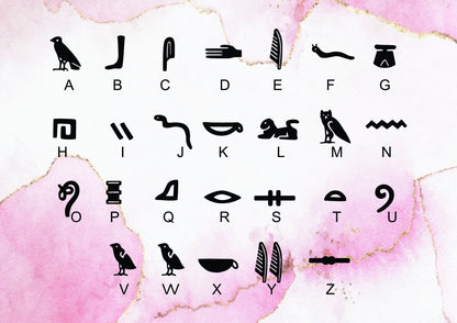Alphabetical symbols from A to U on a pink watercolor background