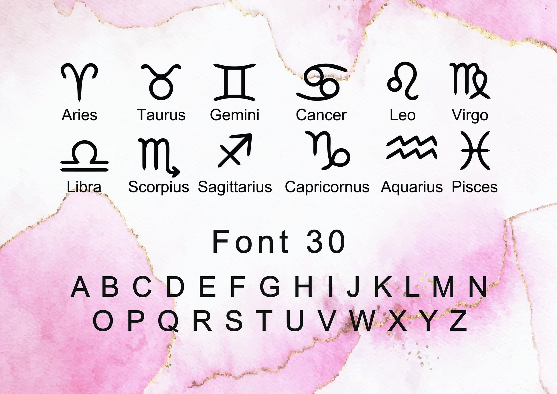 Zodiac symbols and corresponding letters on a pink watercolor background